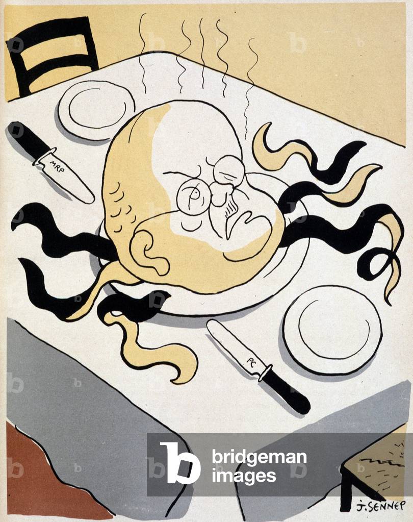 Potato in a dressing gown: cartoonish portrait of Jacques Duclos in potato - in “Departure à zero”, drawings by Sennep