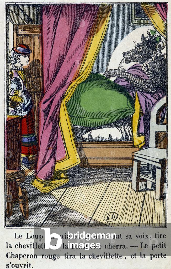 The Red Riding Hood enters the room where the wolf took the place of his grandmother - in “The Little Red Riding Hood”, ed. Pellerin, Epinal, n.d. 19th.