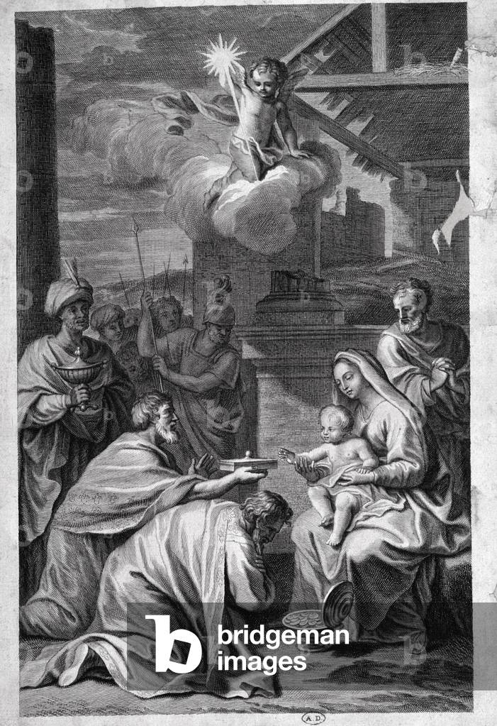 The Magi Kings bring their gifts to the Virgin and the Child Jesus - French engraving of the 17th century