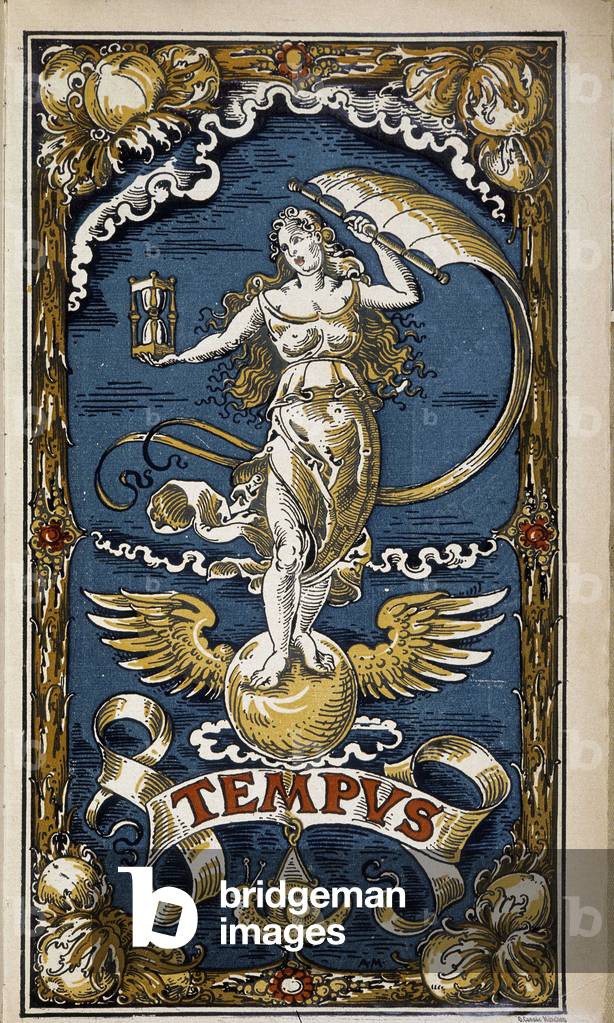 Tempus: allegory of time (feminine figure with hourglass, wind, wings), illustration for calendar 1889.