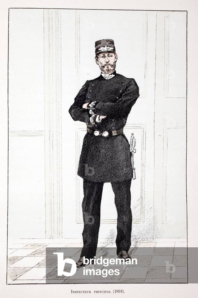 Principal Inspector (1894). Eau forte en couleurs, pour illustration “” Histoire du corps des gardiens de la paix””” book published under the auspices of Louis Lepine (1846-1933) prefet de police de la Seine, by Alfred Rey (1864-?) and Louis Feron (1862-?) , edition Firmin Didot et Cie, 1896, Paris.
