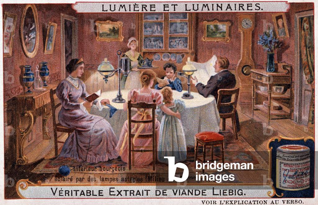 Lights and luminaires, bourgeois interior illuminated by astral lamps - chromo. Liebig v. 1895