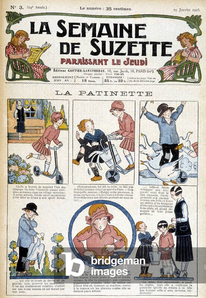 Bambina su un pattino (scooter). Illustrazione a strisce disegnata per la copertina del giornale «La semaine d