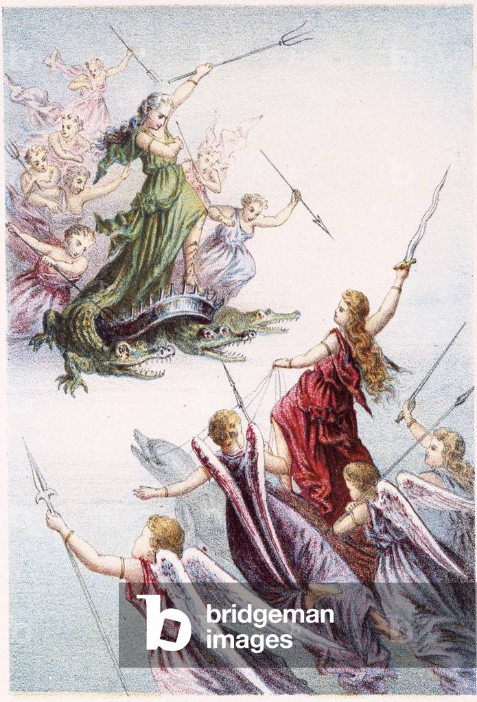 Fight between evil and good spirits of the sea - in “” Journey to the bottom of the sea”” by H. de la Blanchère. Paris, ed. Jouvet et Cie, sd. 1880. (double 02950)