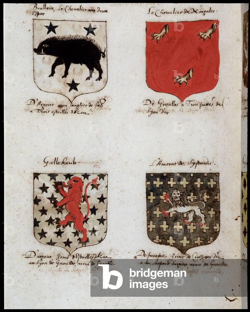 Blazons of Knights of the Round Table: 1. Brallain, the knight with two swings, 2. The Knight of Norgales, 3. Gallehault, 4. The amorate of Lystenois. sd. 19th century.