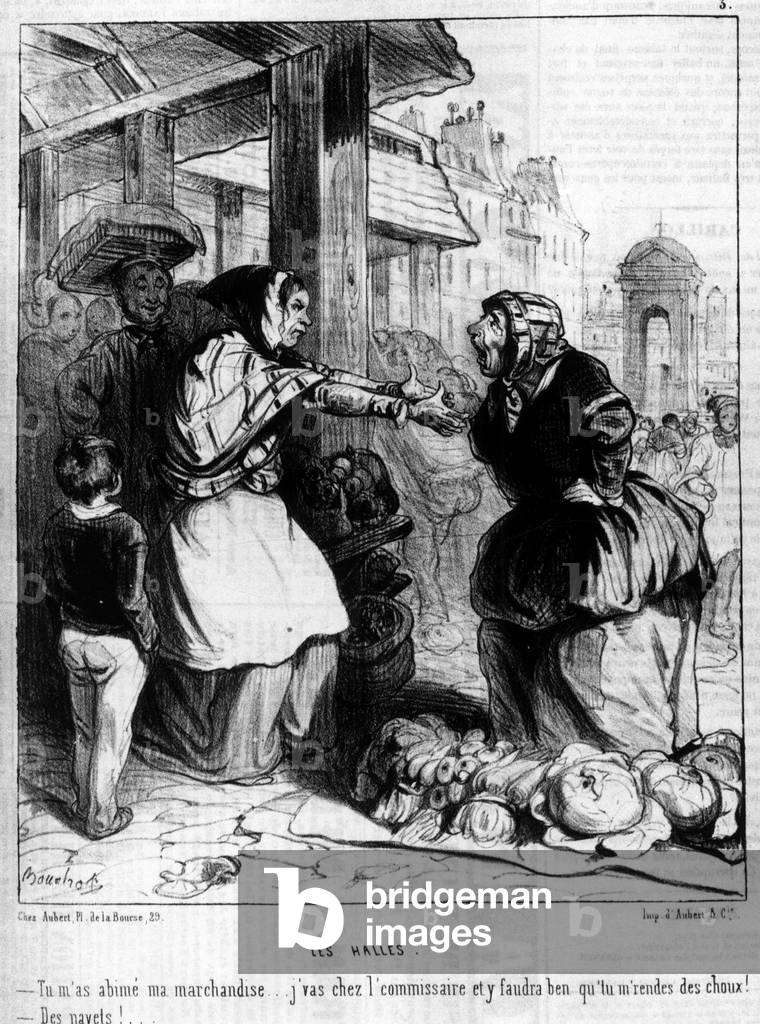Les Halles - Marchandes quarrelling at the Halles de Paris, -in “” Charivari”” of 14/10/1844.