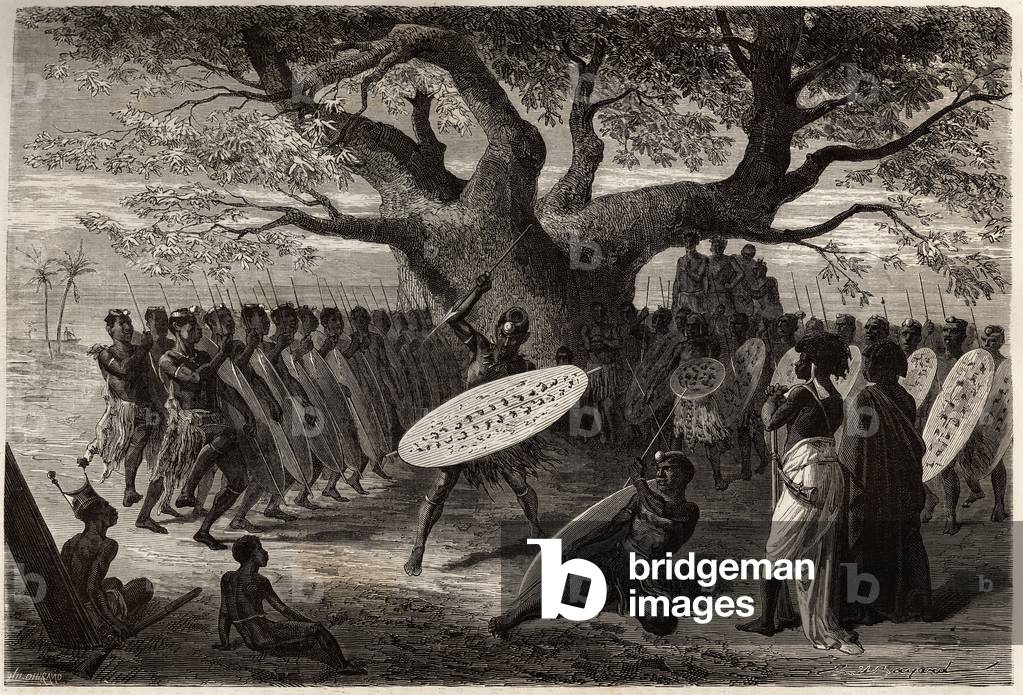Warrior exercises of the Landines or caffres-zulus, a Sena, 1866 (engraving)