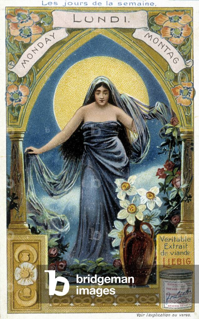 The moon embodies Monday, 19th century advertisement for Liebig.