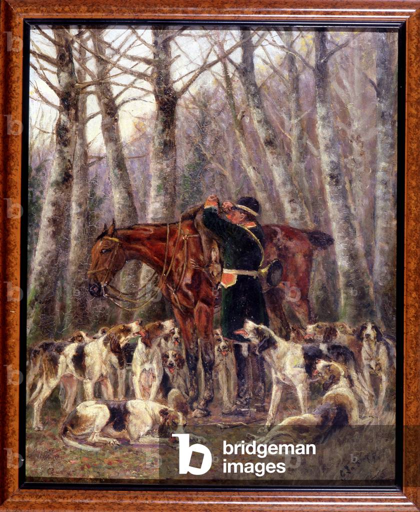 Loading on the horse of a deer killed during a horse hunt - drawing by Georges La Roque, circa 1900