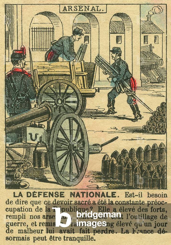 La Defense Nationale, illustrating the development of the arsenal of the French Armee during the Third Republic. Engraving, in “” Le Figaro, supplement””, on 30/03/1889, Paris.