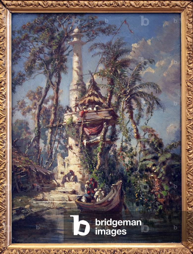 Observatory on the banks of the Hoogly River (Bengal, India). Painting by Auguste Borget (1808-1877), oil on mahogany wood, 19th century. Musee des Beaux Arts de Chateauroux.