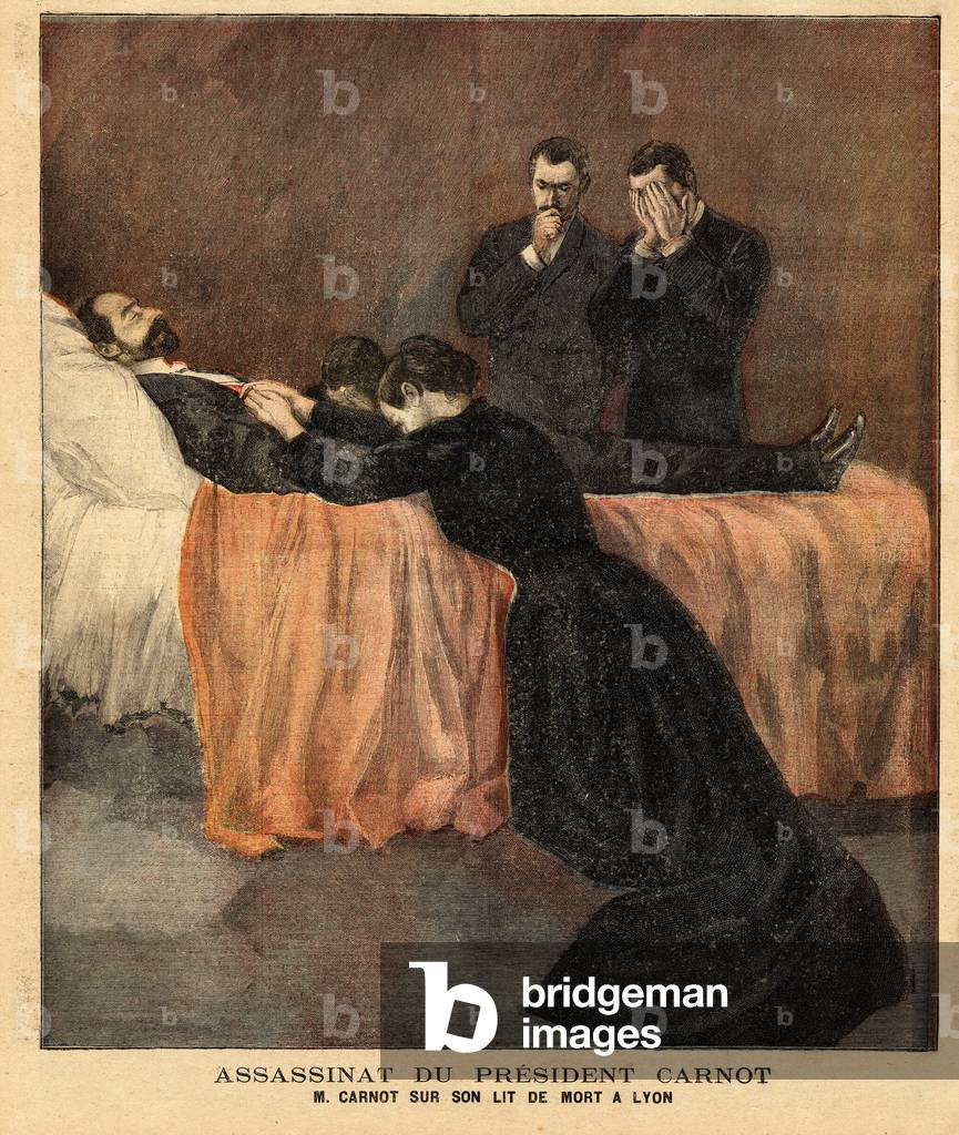 President of the republic Sadi Carnot (1837-1894) on his deathbed, in a context of trade union and anarchist agitation, he was assassinated on 24 June at the Lyon exhibition, by Sante Caserio (1873-1894) and later on. Engraving in “” Le petit journal”” 2/07/1894. Selva's collection.