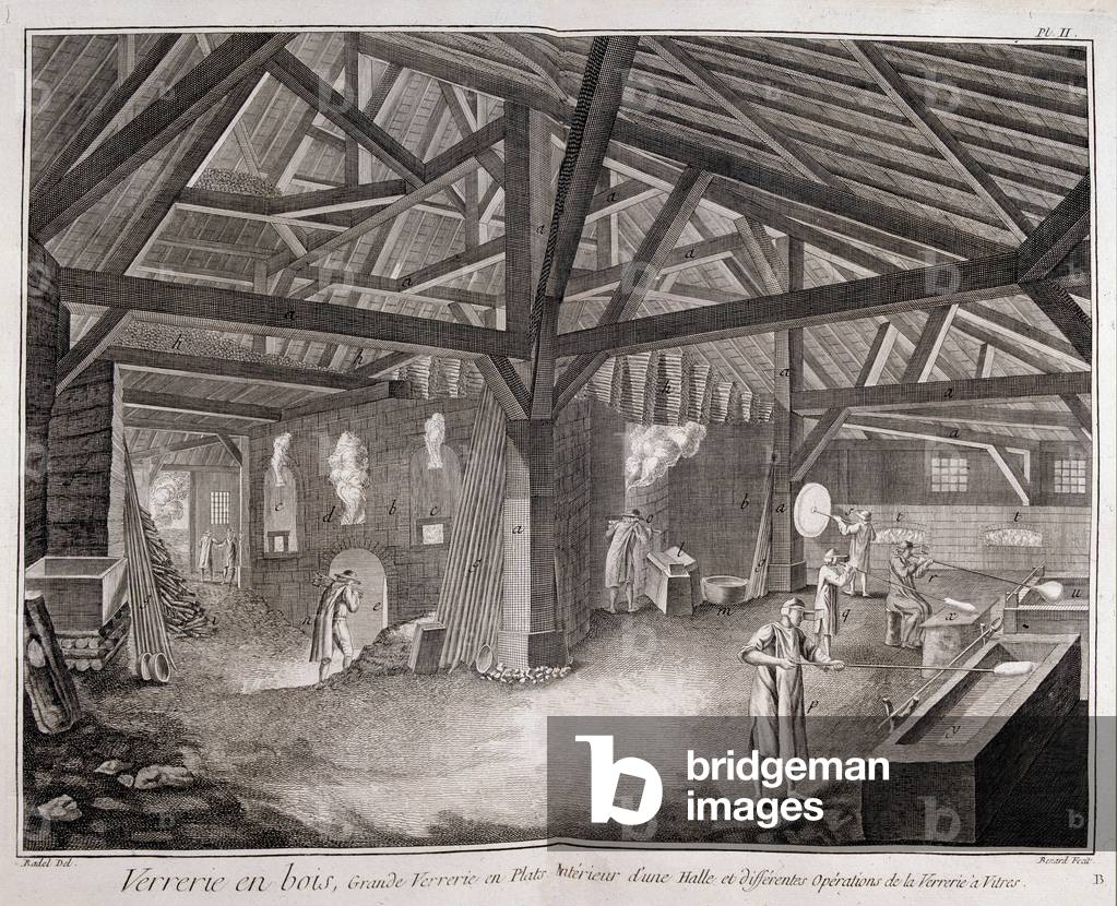 Wooden glassware: Interior of a hall and different operations of glass. The Encyclopedia Diderot & d'Alembert. (1747 - 1766).