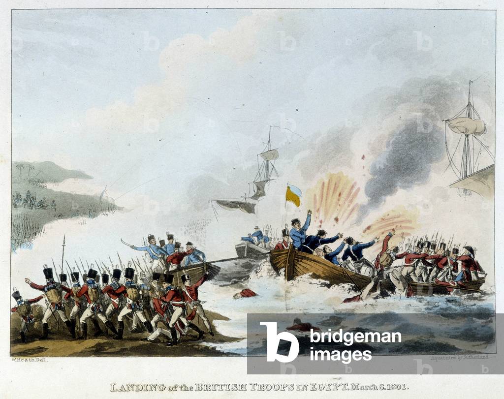 Campaign (Expedition) of Egypt (1798-1801): Debarking of the English army in Egypt, March 8, 1801 - in “” The Napoleonic Wars”” (seen by the English) by Sutherland, Duburg, London, imp. by Jenkins, 1814-1815