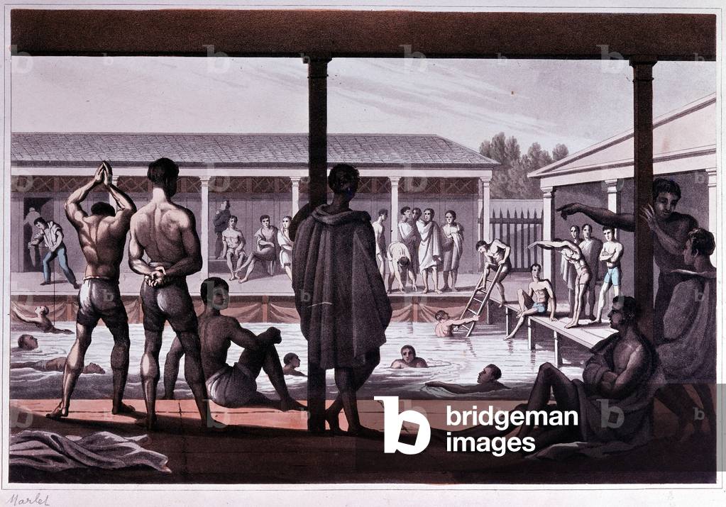 Interior of a swimming school, London, early 19th century.