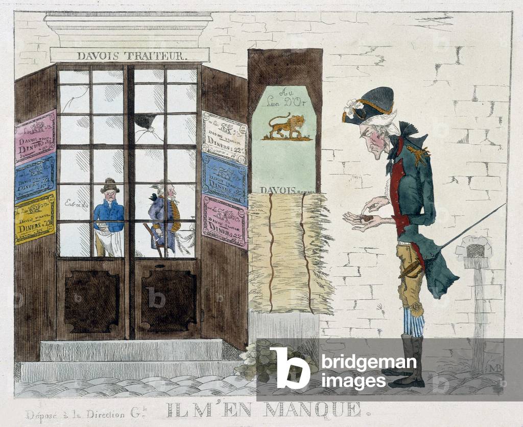Man without penny in front of the catering shop - engraving, 19th century