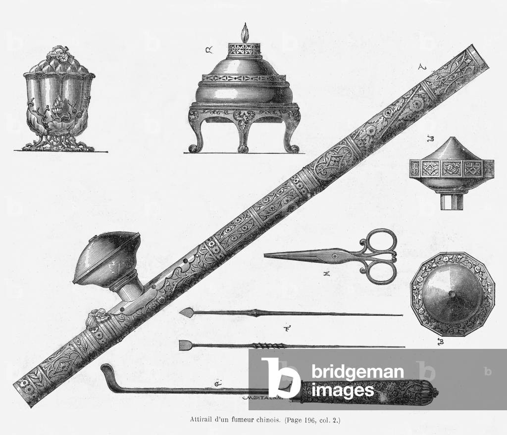 Paraphernalia of a Chinese smoker, illustration from 'Journal pour tous', No 185, 16th October 1858 (engraving) (b/w photo)