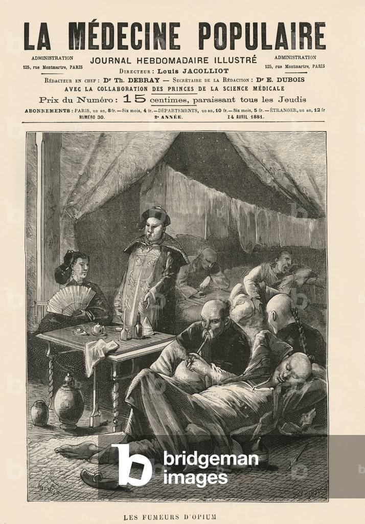 Opium smokers, front cover illustration from 'La Medecine Populaire', engraved by Stablo (19th century) 14th April 1881 (engraving)