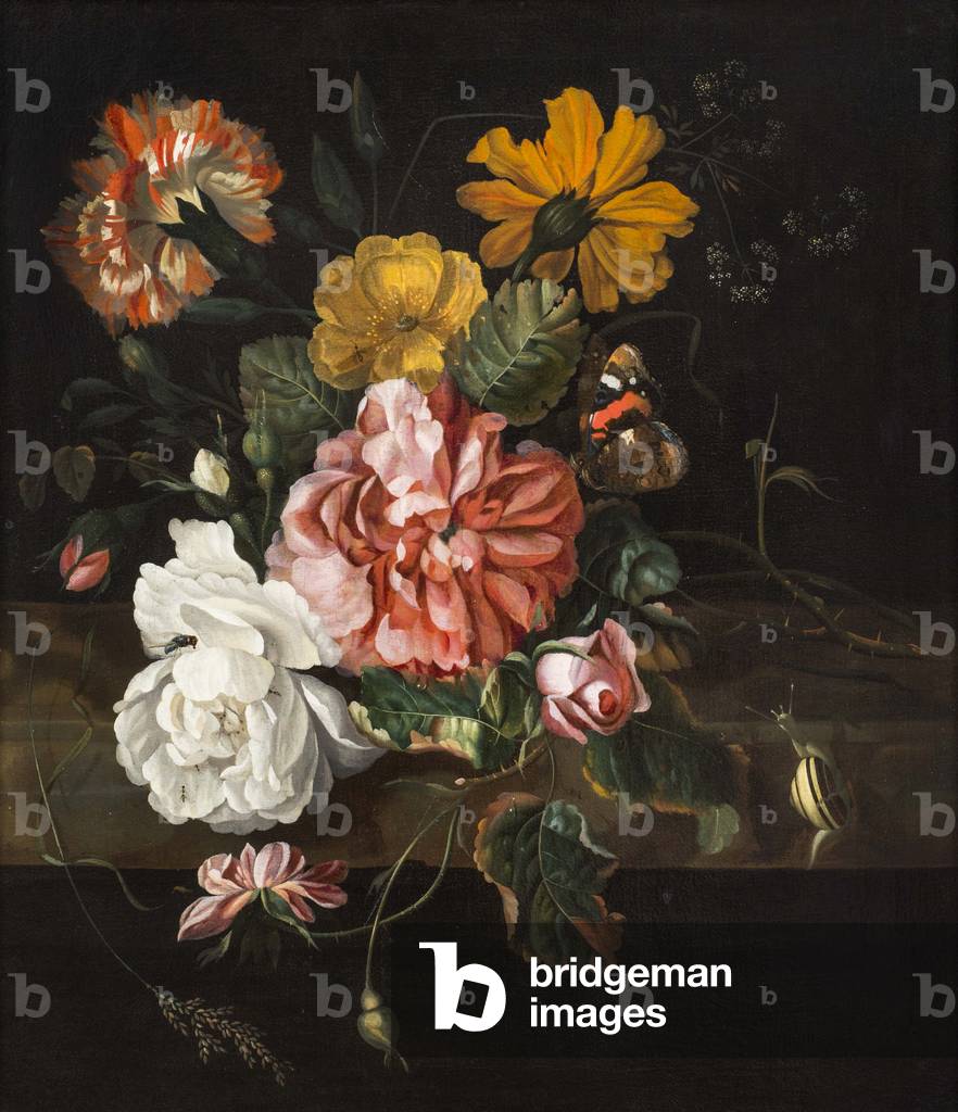 Roses with a Butterfly, Bluebottle and a Snail on a Stone Ledge (oil on canvas)