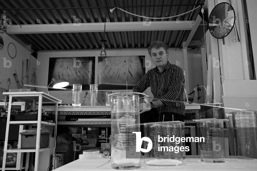 Portrait of Bernard Moninot, French artist, in his studio of the Pre Saint Gervais in 2008.