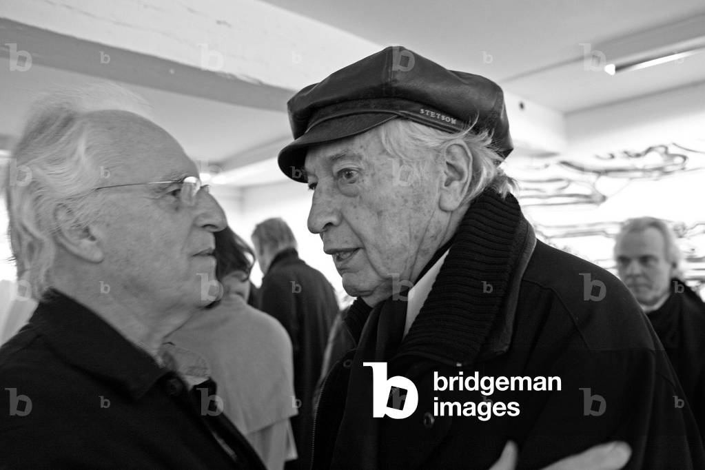 Gerard Fromanger, French painter, Julio Le Parc, Argentine painter, Emmanuel, French artist. Opening of the exhibition Gerard Fromanger in the gallery Rive Gauche in Paris on November 20, 2008.