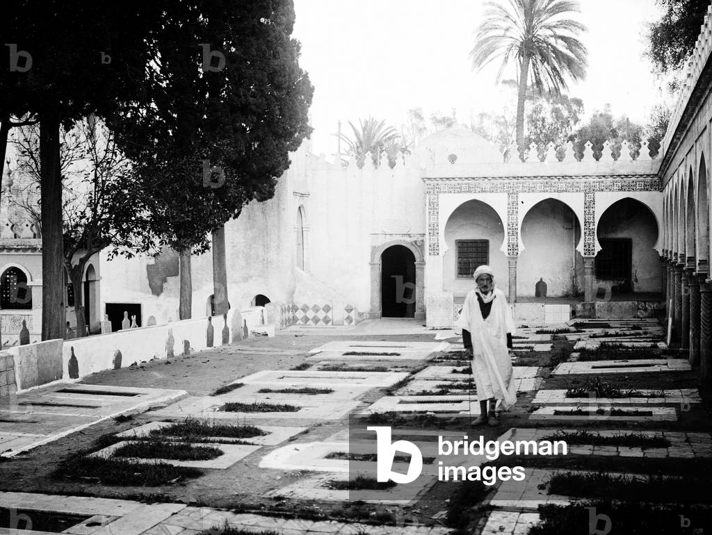 Algeria, Maghreb, AL, Algiers: a Muslim cemetery with an old man, 1900