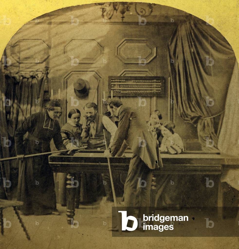 France, Ile-de-France, Paris (75): genre scene showing in a bourgeois interior a man surrounded by his family, playing billiards with a cure, 1865