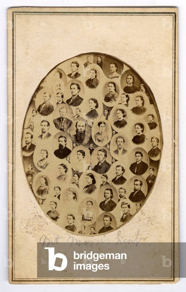 Mont-Maurris, Illinois, USA, Mosaic photo of the school with teachers and students, 1865