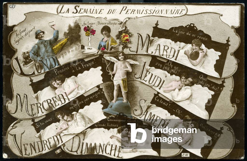 First World War: France, Postcard showing the week of leave spent in bed with his fiance, 1914