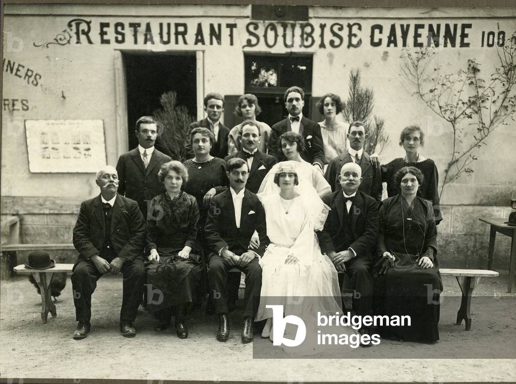 France: Wedding group in front of the restaurant Soubise Cayenne, 1920