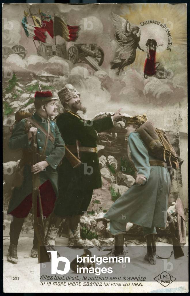 First World War: France, Patriotic Map showing a German soldier fleeing in front of a Russian soldier and a French soldier, titled: 'Germany below all', 1916