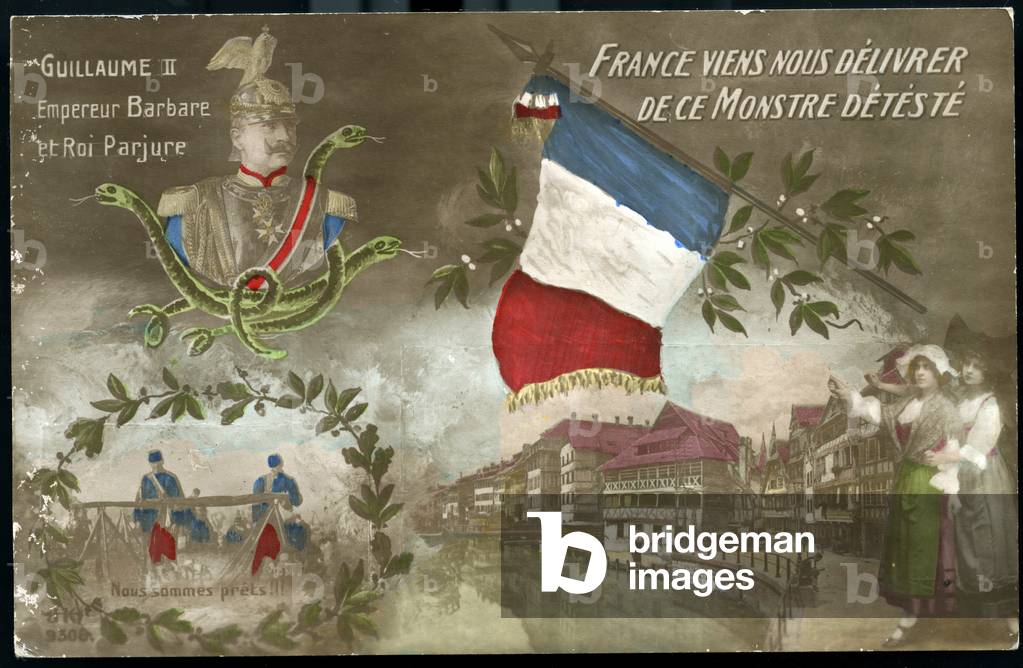 First World War: France, Postcard showing William II facing Alsatian who insults him “France comes to delivate us from this hate monster””, 1914