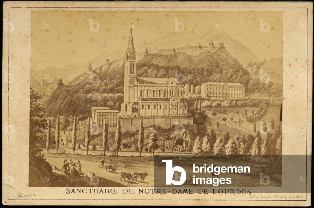 France, Midi-Pyrenees, Hautes-Pyrenees (65), Lourdes:  the cave, the basilica and the chemin de croix, 1865