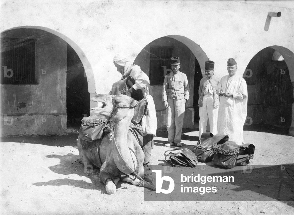 Beni Abbes, Algeria: Loading a camel for a depart in the Saharan desert, 1895