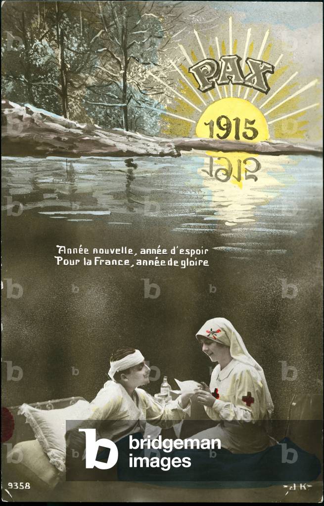 First World War: France, A nurse at the bedside of the sick announces victory for 1915 has a wounded soldier, 1915