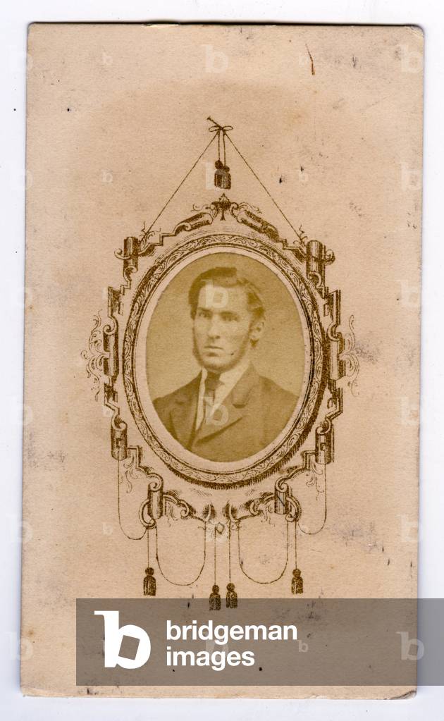 USA, Portrait of a man in a medallion in a fantasy American business card, 1865