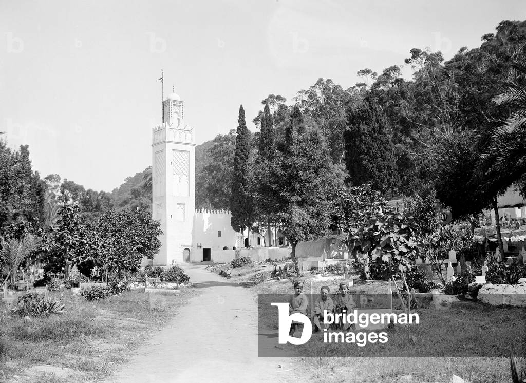 Algeria, Algiers: Cemetery of Bellecour with mosque and 3 children in the middle of the tombs, 1900