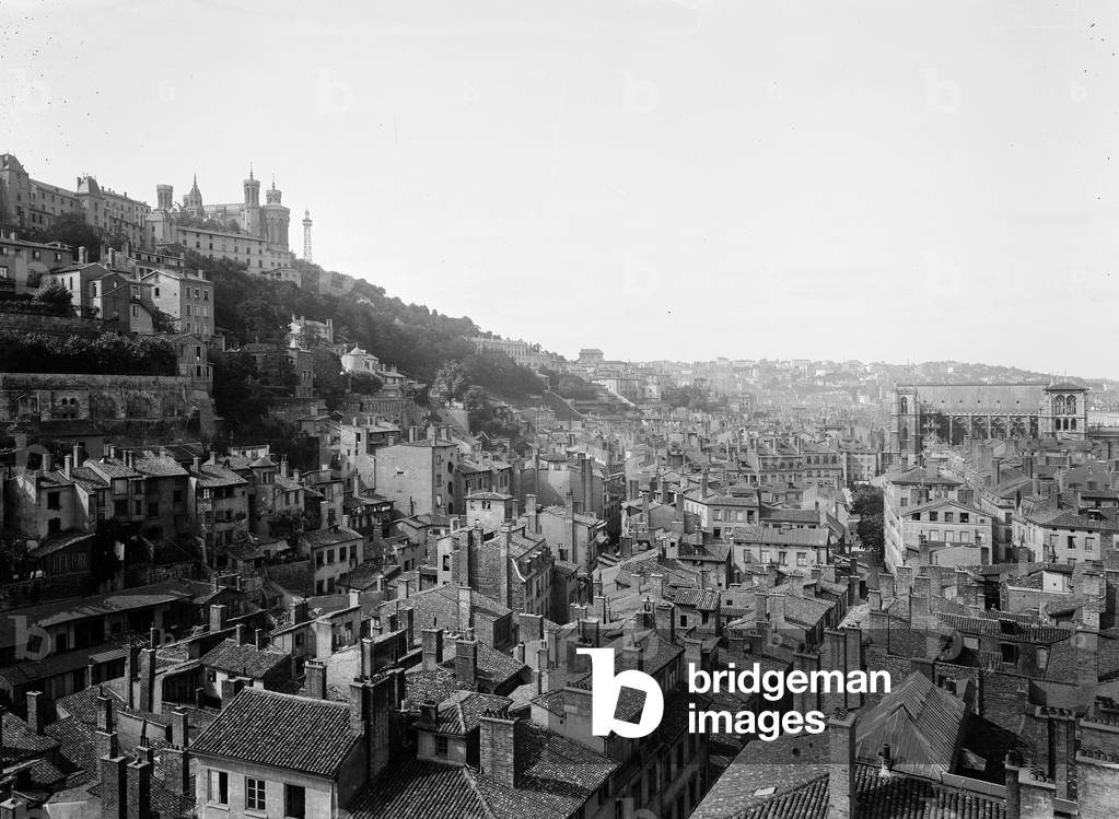 France, Rhone-Alpes, Rhone (69), Lyon: view of the roofs of old Lyon, the church of Fourviere and the church of Saint John from the church of Saint George, 1900