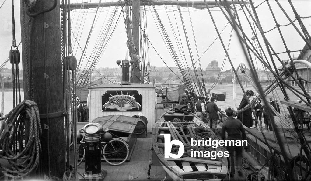 France, Brittany, Ille-et-Vilaine (35), Saint Malo: The famous 3-mats sailboat “” Why pas”” by Jean Baptiste Charcot (1867-1936), at the dock - Interior of the boat with visitors, 1907