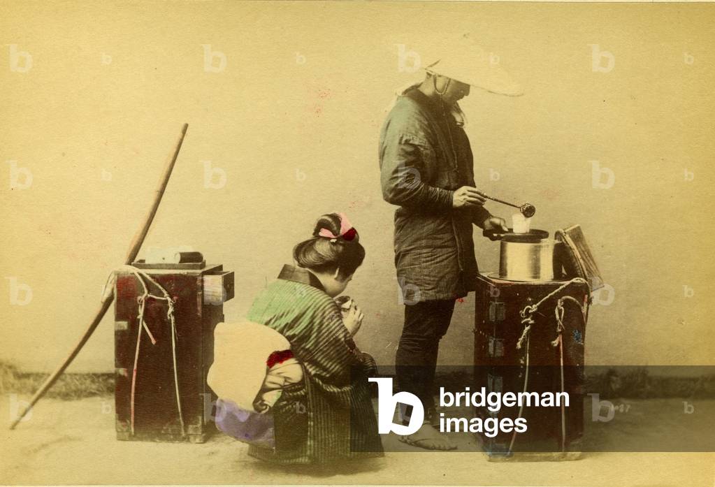 Japan: Soup dealer and client, 1875 - albumin paper enhanced with watercolor