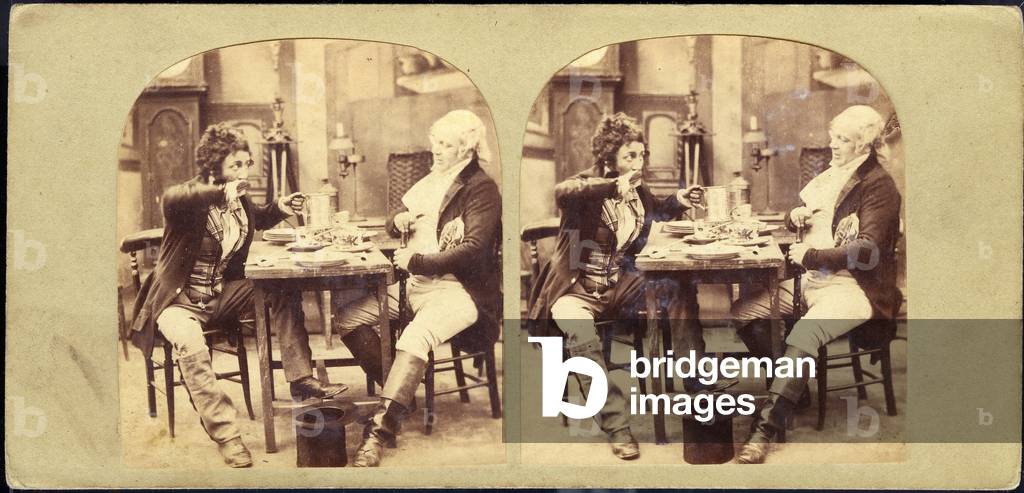 France, Ile-de-France, Paris (75): Fantasy photo showing a master and his valet at the table, 1865