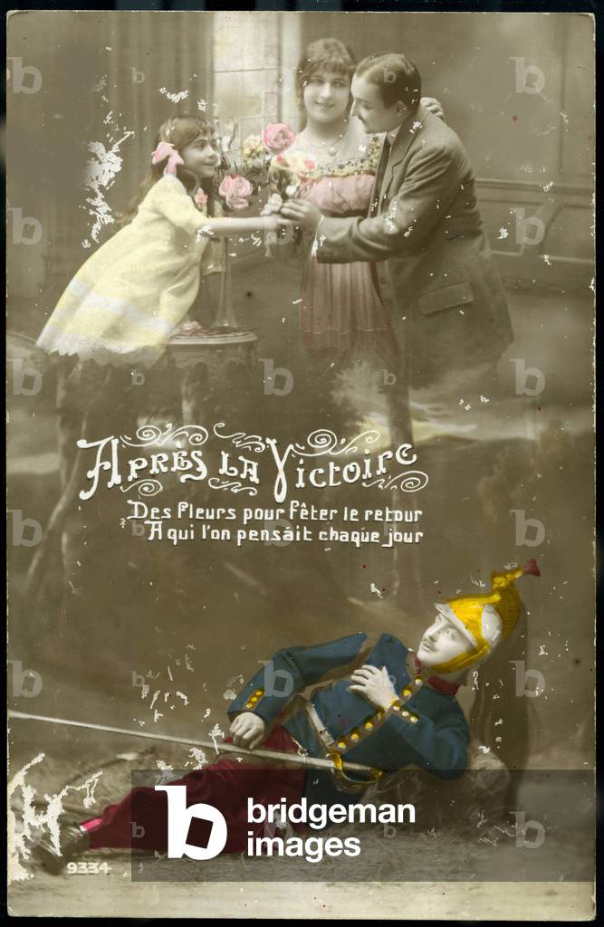 First World War: France, Patriotic Map showing a French soldier thinking of post-war and returning to his family, 1916