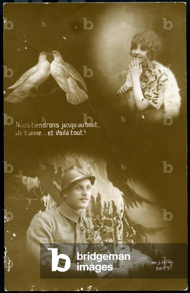 First World War: France, Patriotic Map showing a soldier at the front thinking about his fiance and two pigeons who love each other, 1916