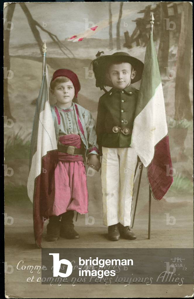 First World War: France, Patriotic image showing two children one disguise as an Italian soldier the other French holding by hand and declaring: 'like our grandfathers and like our fathers, always allied', 1916
