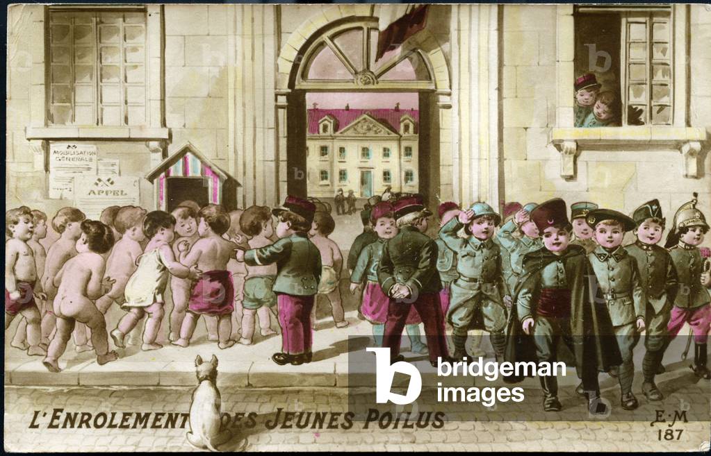 First World War: France, Patriotic Map showing new natures going to be placed in a barracks and going out with uniforms, titled: 'Enrolement des jeunes hairy', 1916