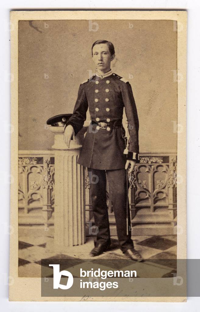 Germany, A young man poses in uniform in studio, 1860