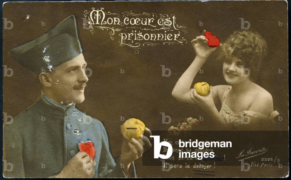 First World War: France, Patriotic Map showing a soldier who received as a gift from his fiance a heart and a piggy bank to put his present, entitled 'My heart is prisoner', 1917