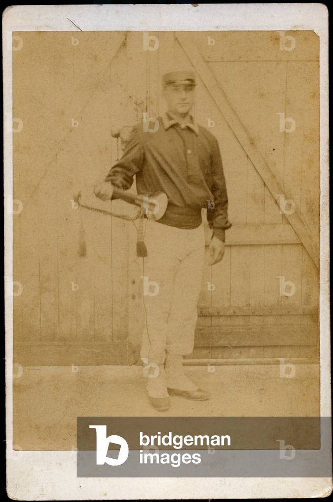 France, A soldier poses with his trumpet, 1890