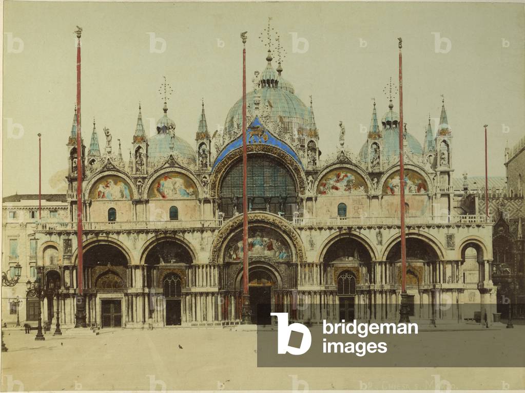 Italy, Venice: St. Mark's Basilica in St. Mark's Square, 1880 - albumin paper enhances watercolour