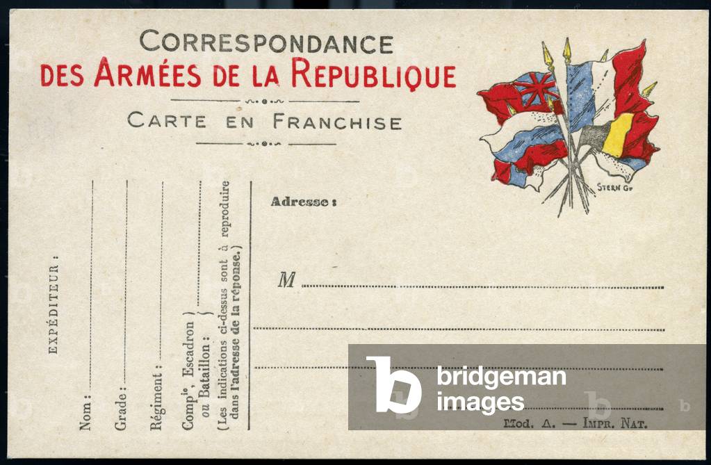 First World War: France, Military Correspondence Postcard with 6 flags emblem, 1914